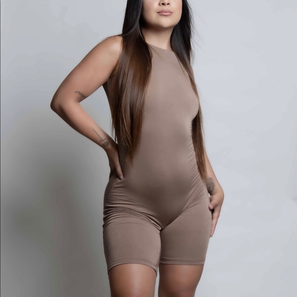 Mocha Latte Biker Short Romper - Picture 1 of 9